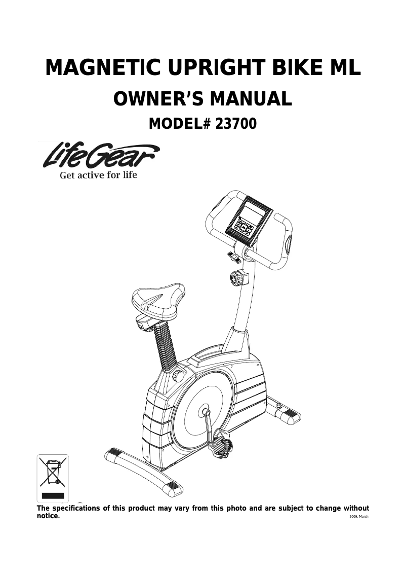 Página 1 del manual Manual de usuario Life Gear Magnetic Upright Bike 23700