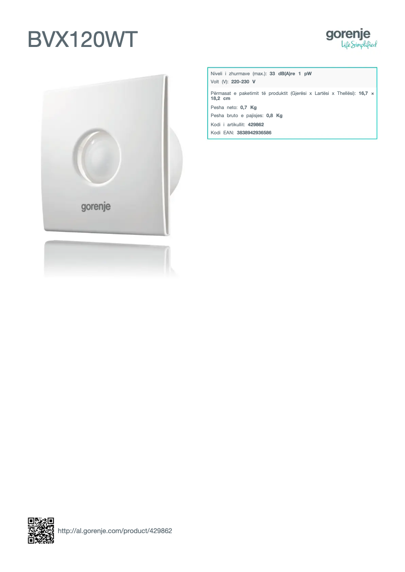 Página 1 del manual Ficha técnica Gorenje BVX120WT