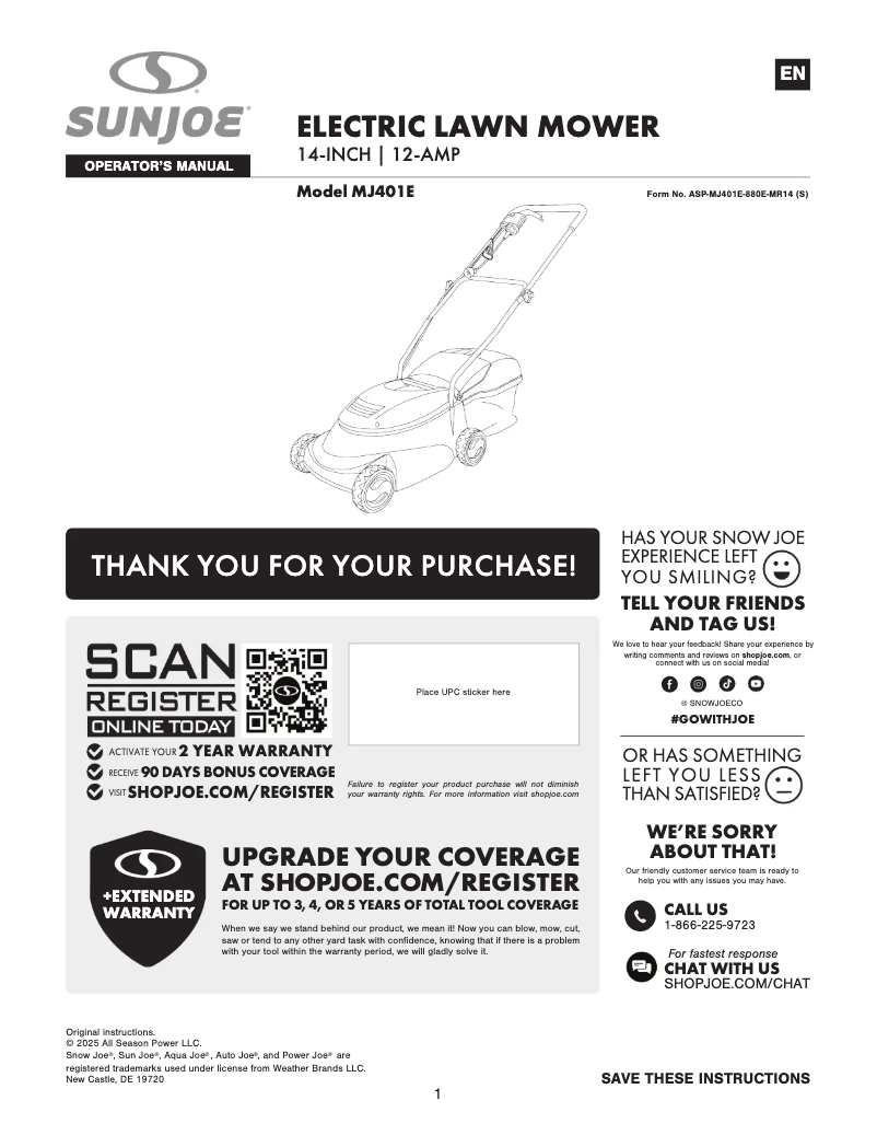 Página 1 del manual Manual de usuario Sun Joe MJ401E