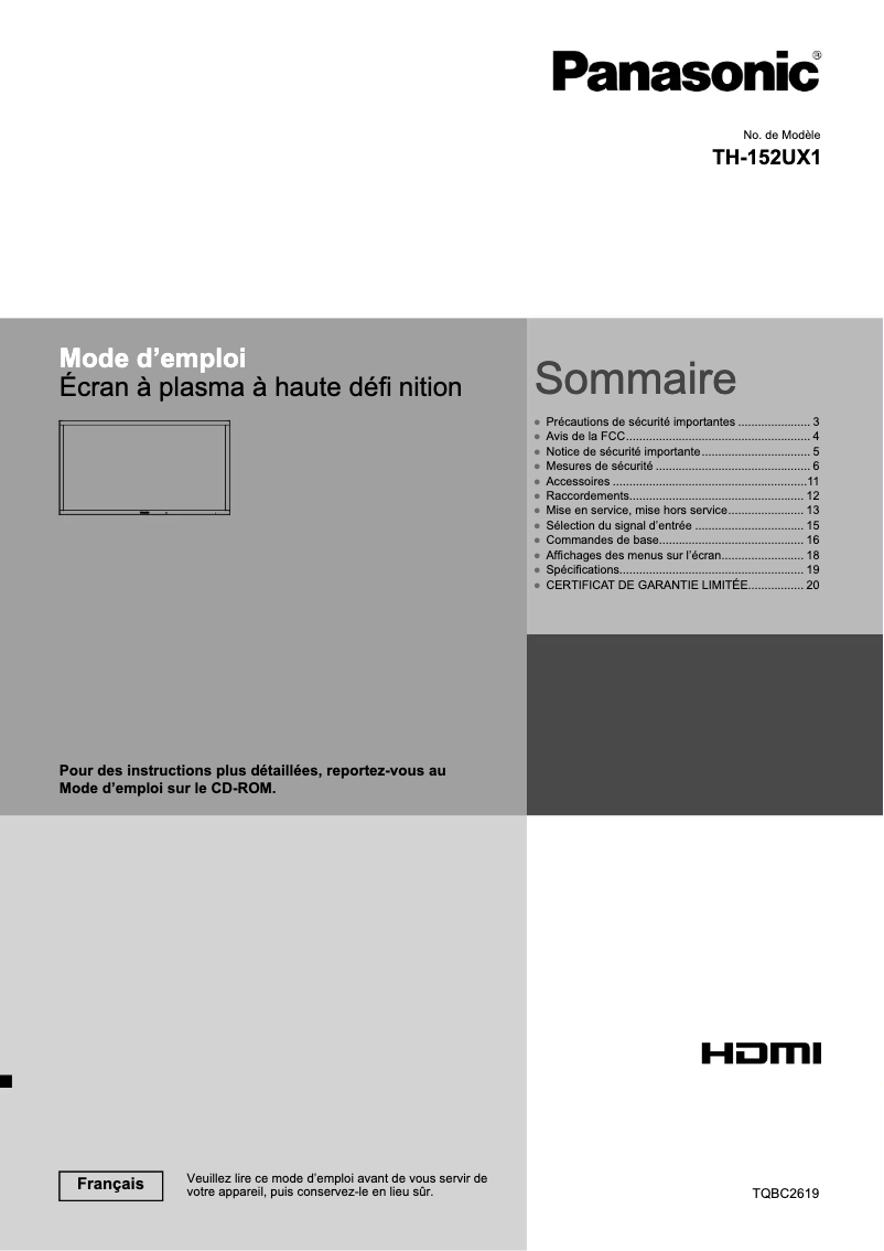 Página 1 del manual Guía de inicio rápido Panasonic TH-152UX1
