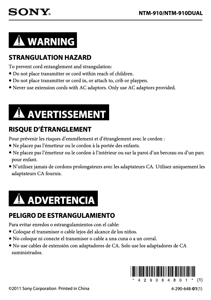 Página 1 del manual Instrucciones de seguridad Sony NTM-910