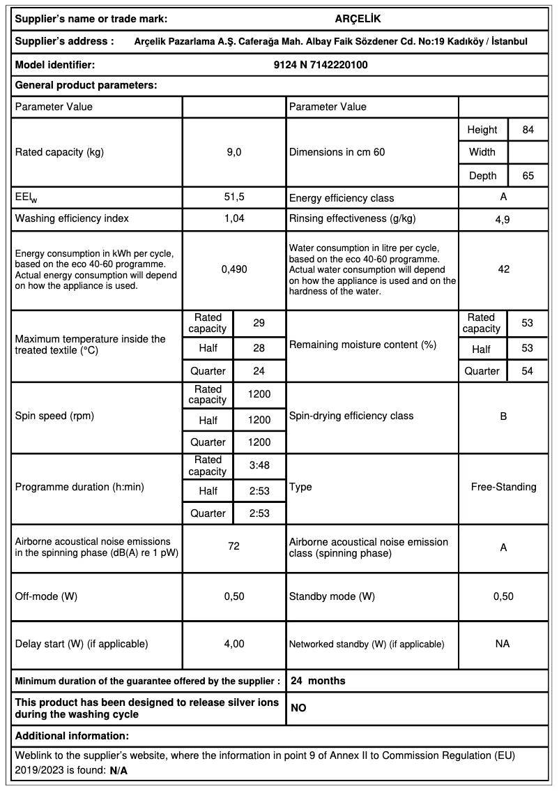 Página 1 del manual Ficha técnica Arçelik 9124 N