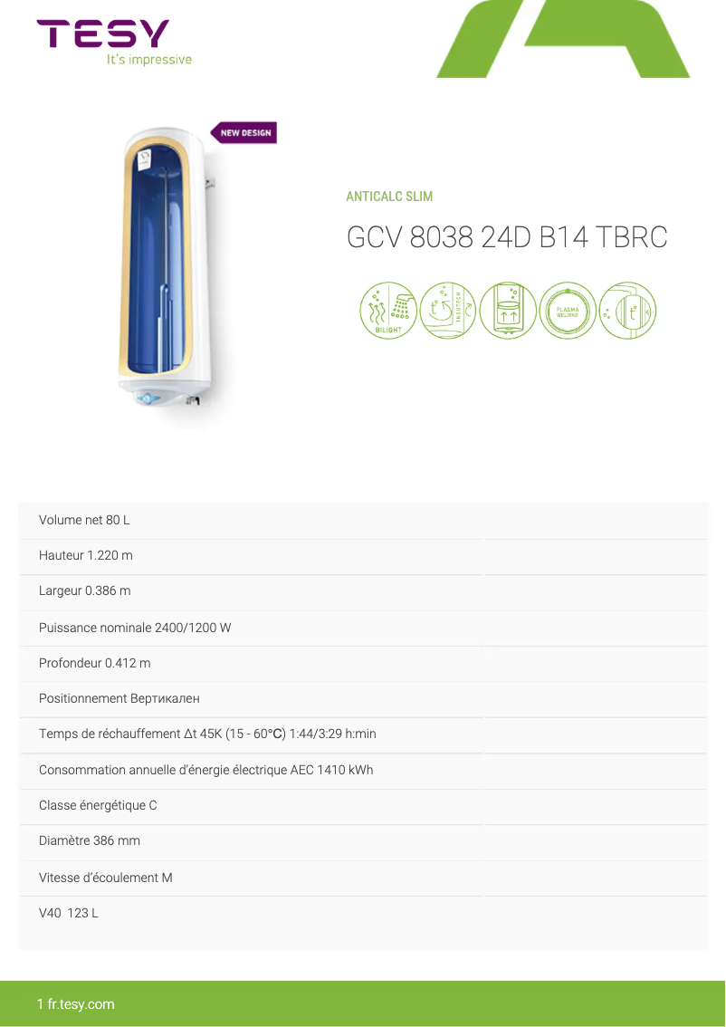 Página 1 del manual Ficha técnica Tesy Anticalc Slim 80