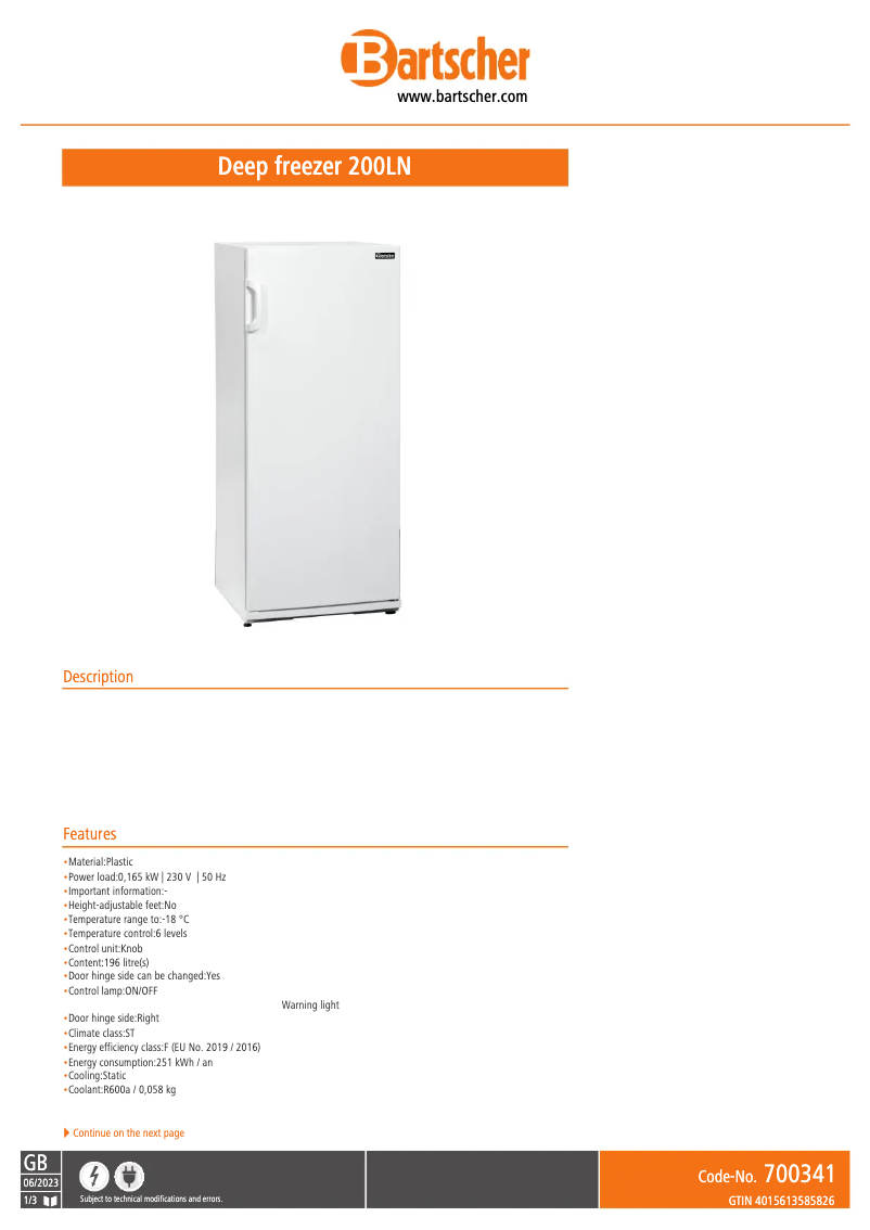 Página 1 del manual Ficha técnica Bartscher 200LN