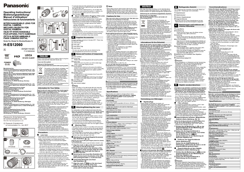 Imagen de la primera página del manual del dispositivo Lumix H-ES12060E