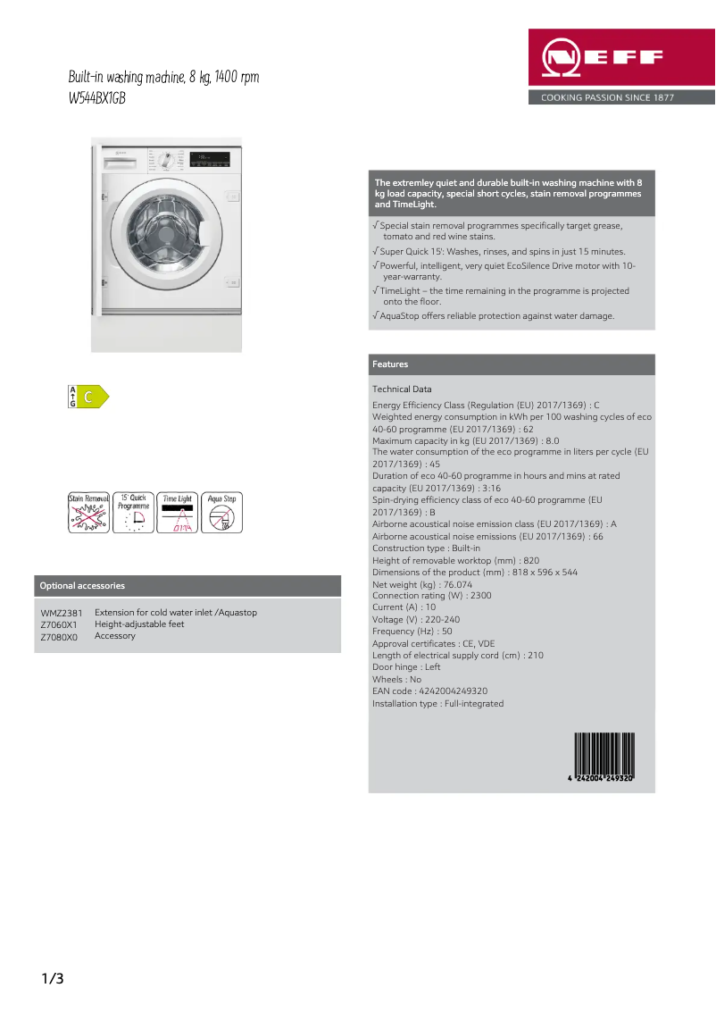 Página 1 del manual Ficha técnica Neff W544BX1GB