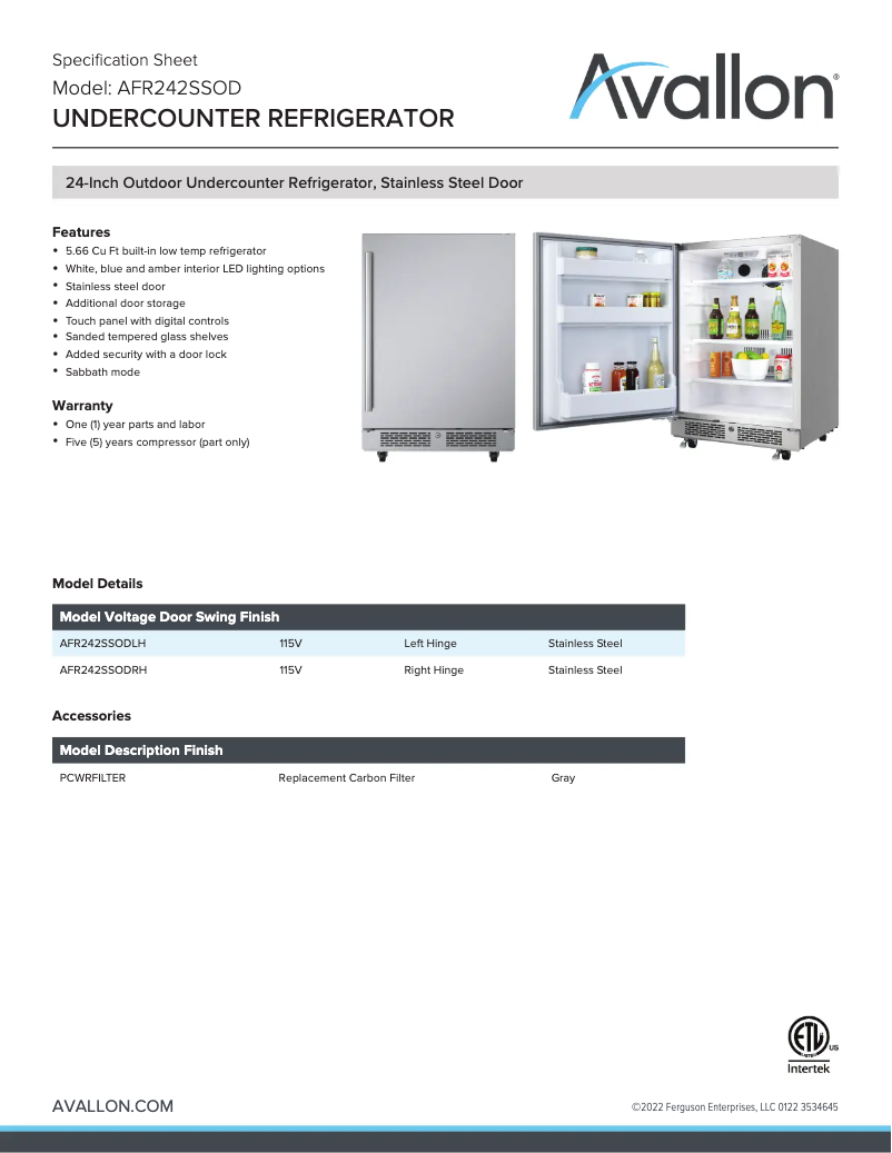 Página 1 del manual Ficha técnica Avallon AFR242SSODRH