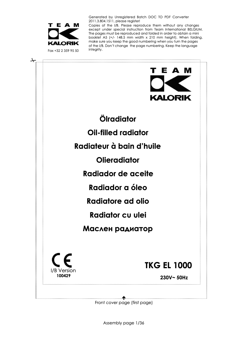 Imagen de la primera página del manual del dispositivo TKG EL 1000