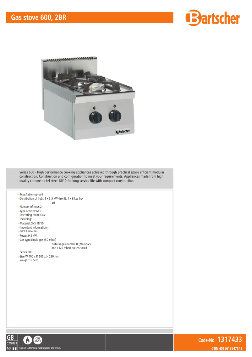 Página 1 del manual Ficha técnica Bartscher 1317433