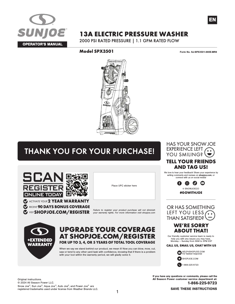 Página nº 1 - Manual de usuario Sun Joe SPX3501