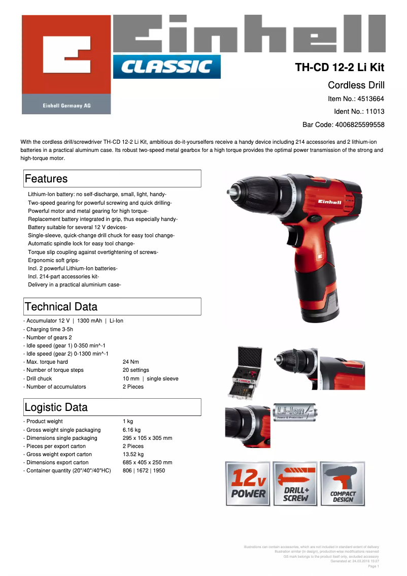 Página 1 del manual Ficha técnica Einhell TH-CD 12-2 Li Kit