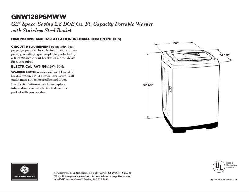 Página 1 del manual Ficha técnica GE GNW128PSMWW
