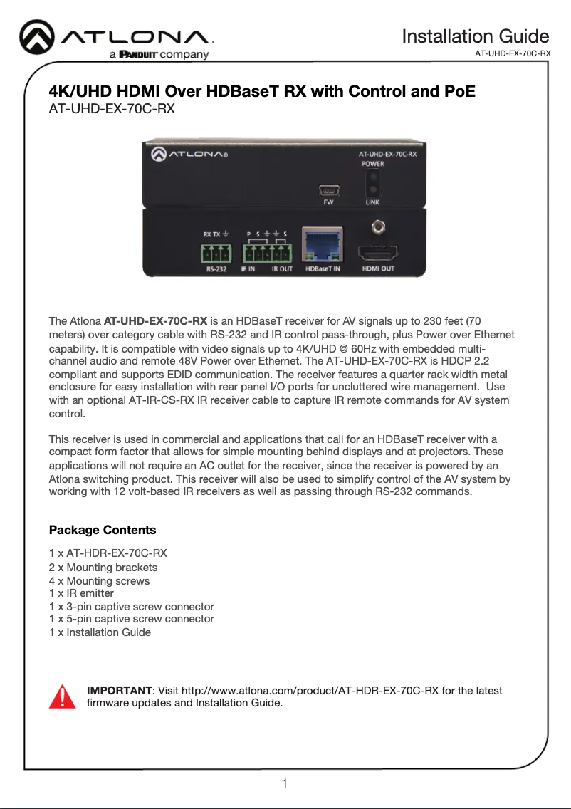 Imagen de la primera página del manual del dispositivo AT-UHD-EX-70C-RX