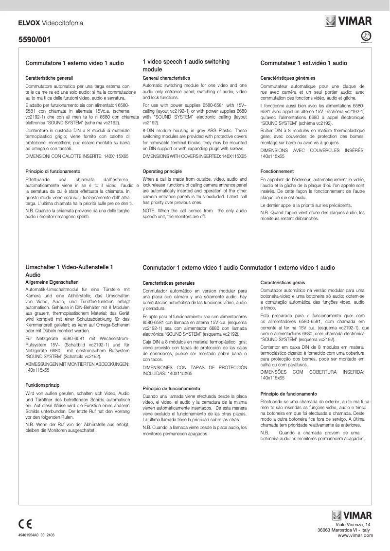 Página nº 1 - Instrucciones / montaje Vimar ELVOX 5590/001