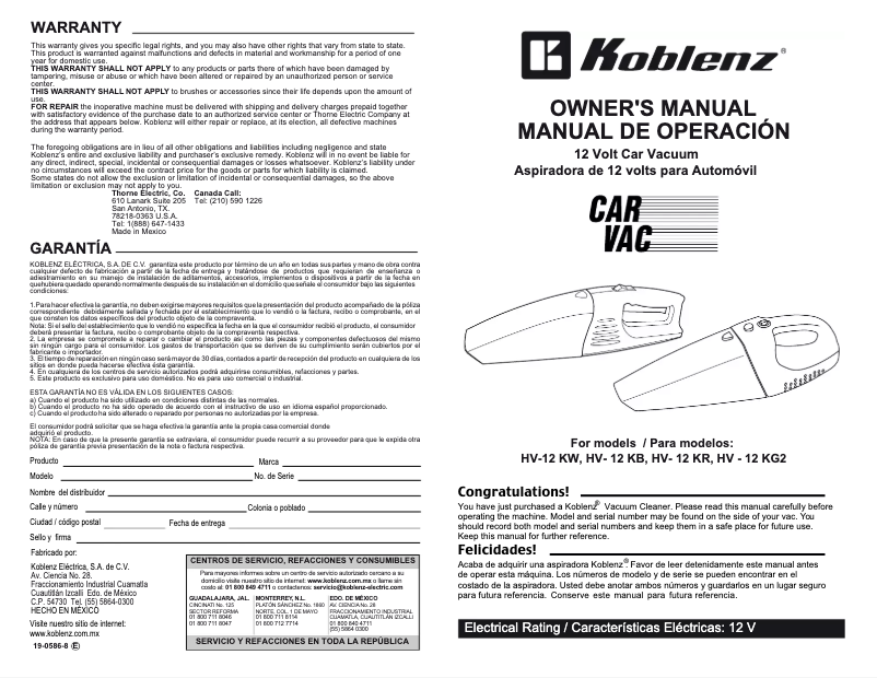 Imagen de la primera página del manual del dispositivo HV-12 KB