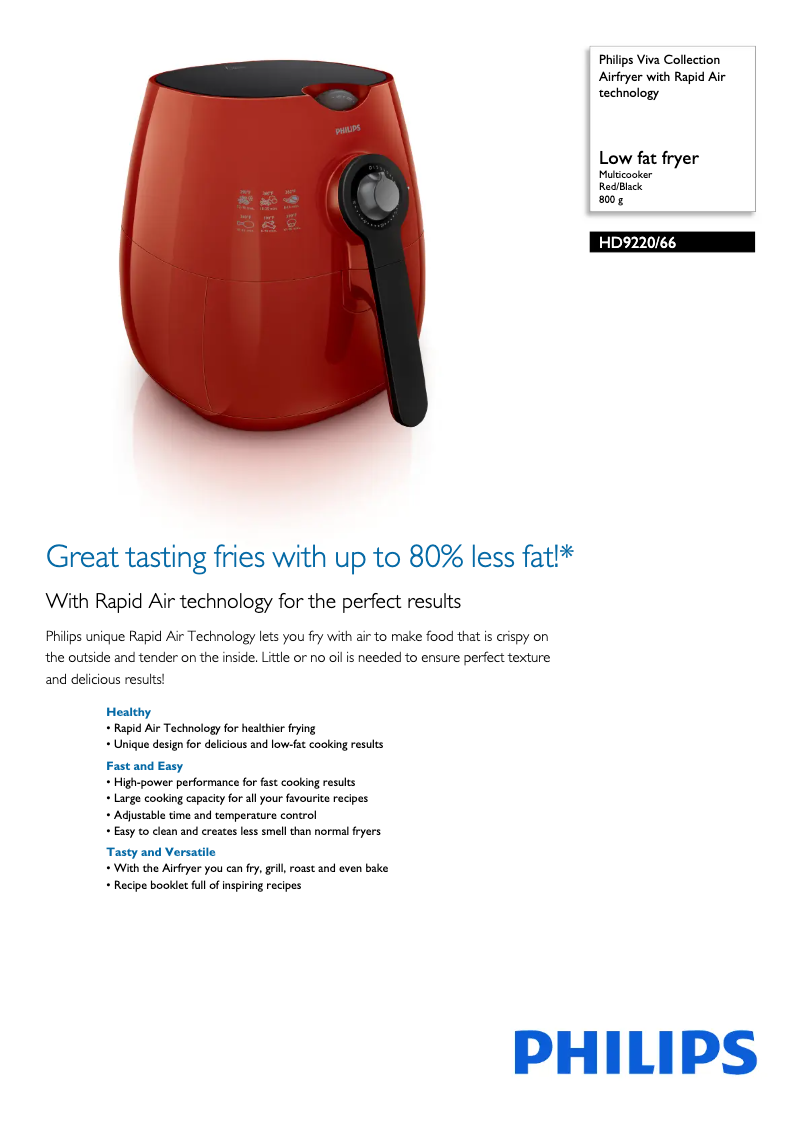 Página 1 del manual Ficha técnica Philips Viva Collection Airfryer HD9220