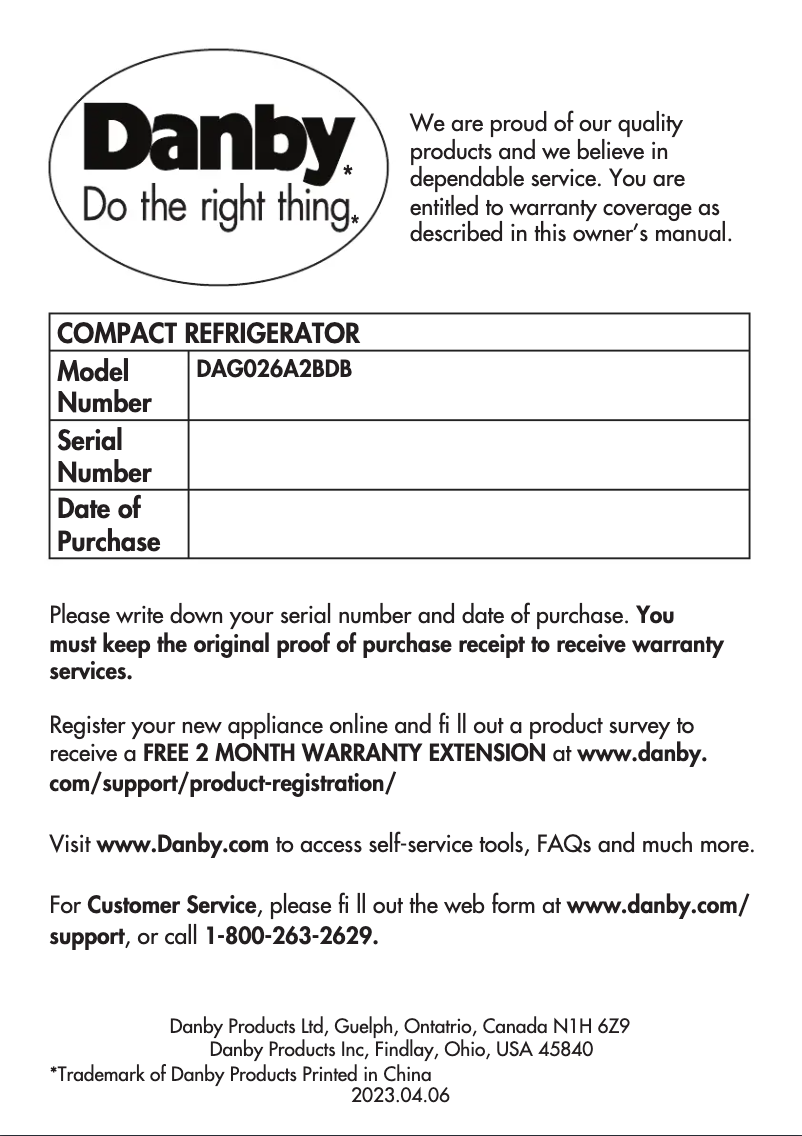 Página nº 1 - Manual de usuario Danby DAG026A2BDB
