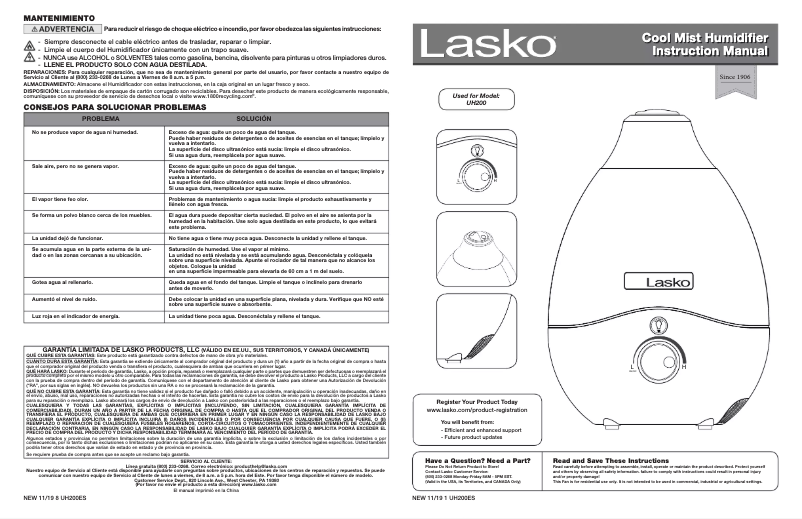 Imagen de la primera página del manual del dispositivo Ultrasonic Cool Mist UH200