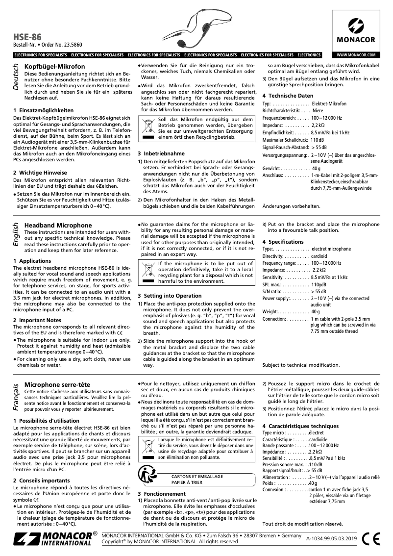 Imagen de la primera página del manual del dispositivo HSE-86