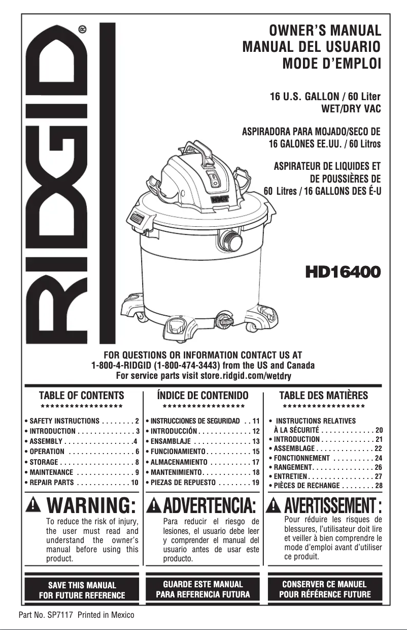 Página nº 1 - Manual de usuario Ridgid HD1640