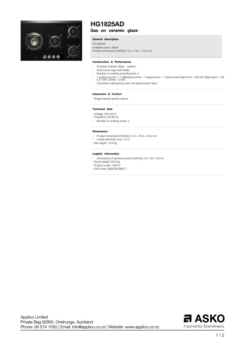 Página nº 1 - Ficha técnica Asko HG1825AD