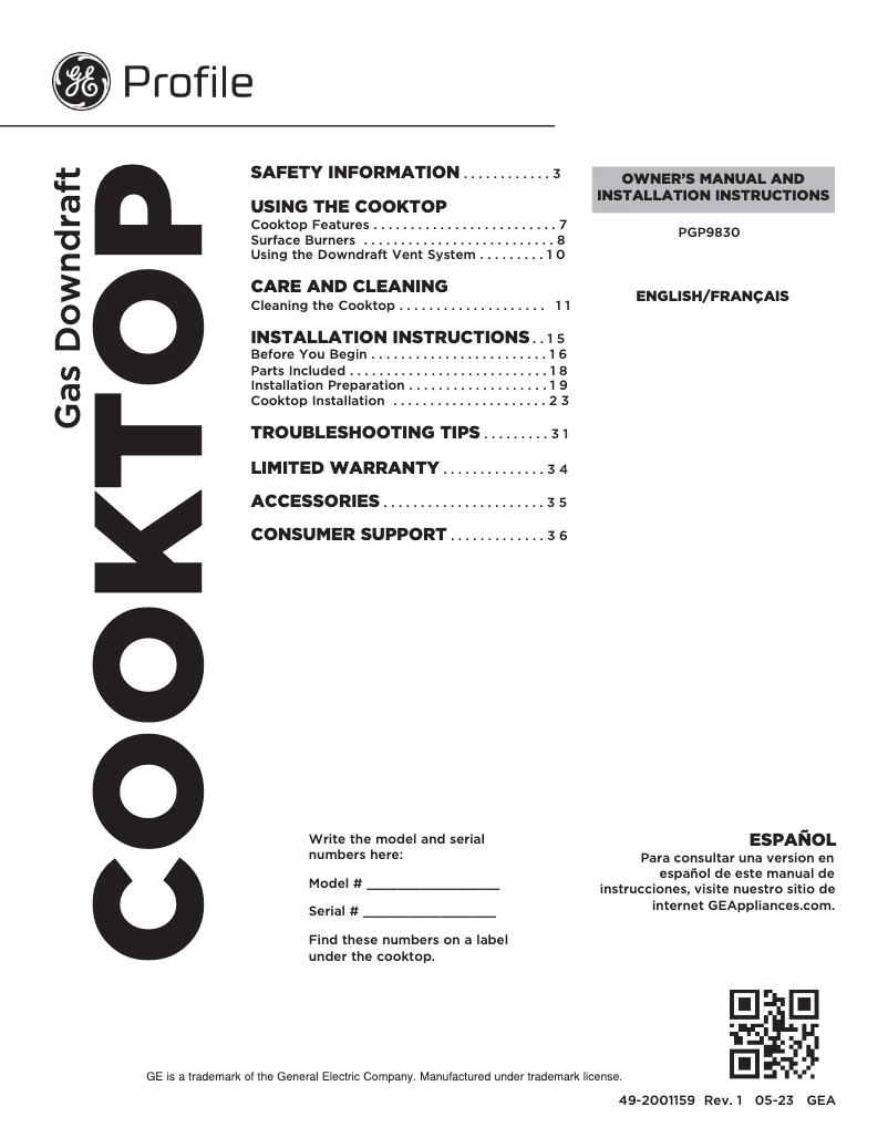 Página 1 del manual Manual de usuario GE Profile PGP9830SRSS