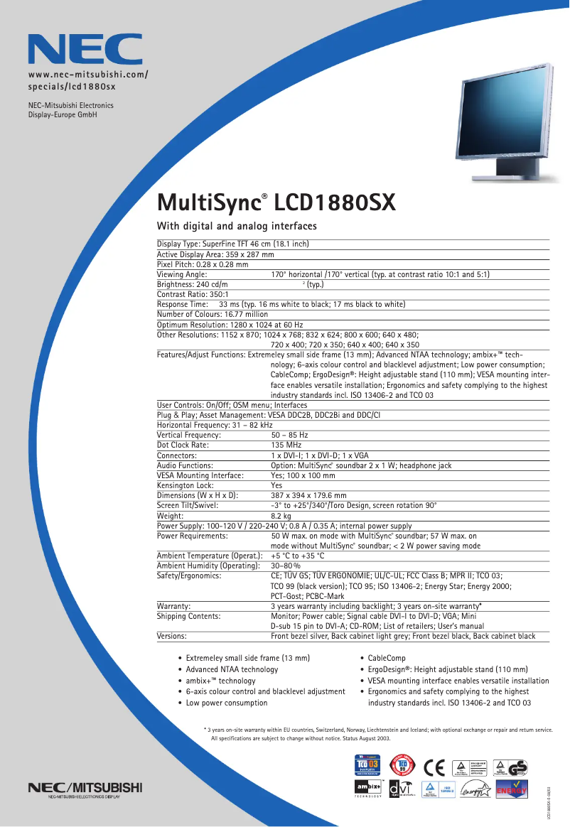 Imagen de la primera página del manual del dispositivo MultiSync LCD1880SXBK