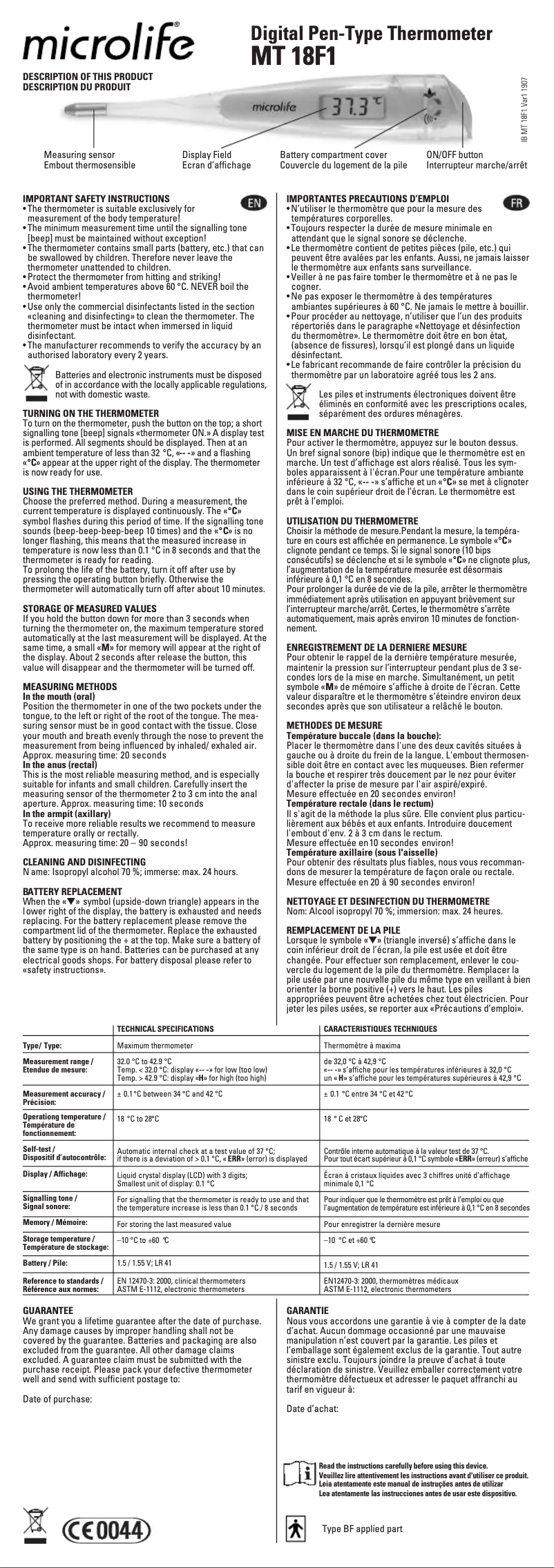 Página 1 del manual Manual de usuario Microlife MT 18F1