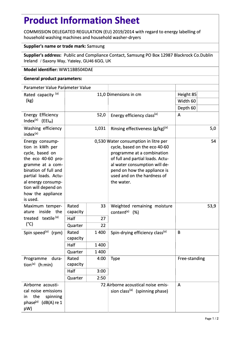 Página 1 del manual Ficha técnica Samsung WW11BB504DAE