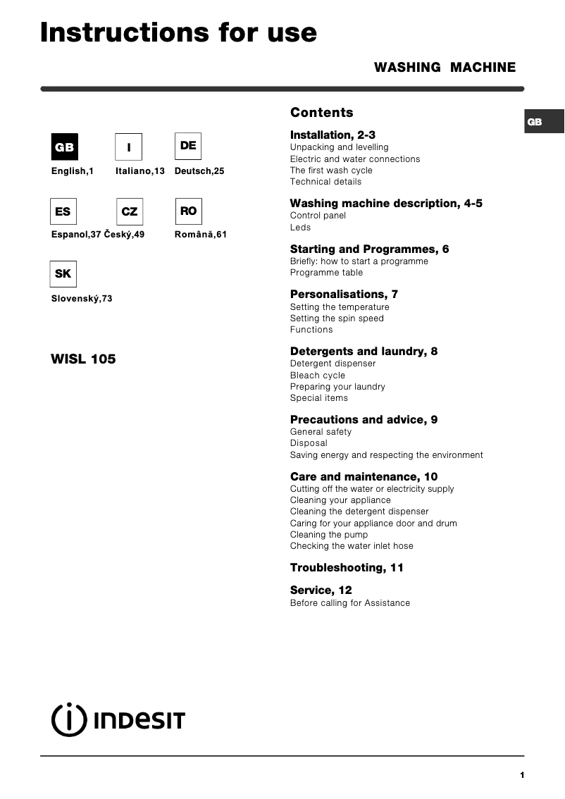 Página 1 del manual Manual de usuario Indesit WISL 105 (EX).1