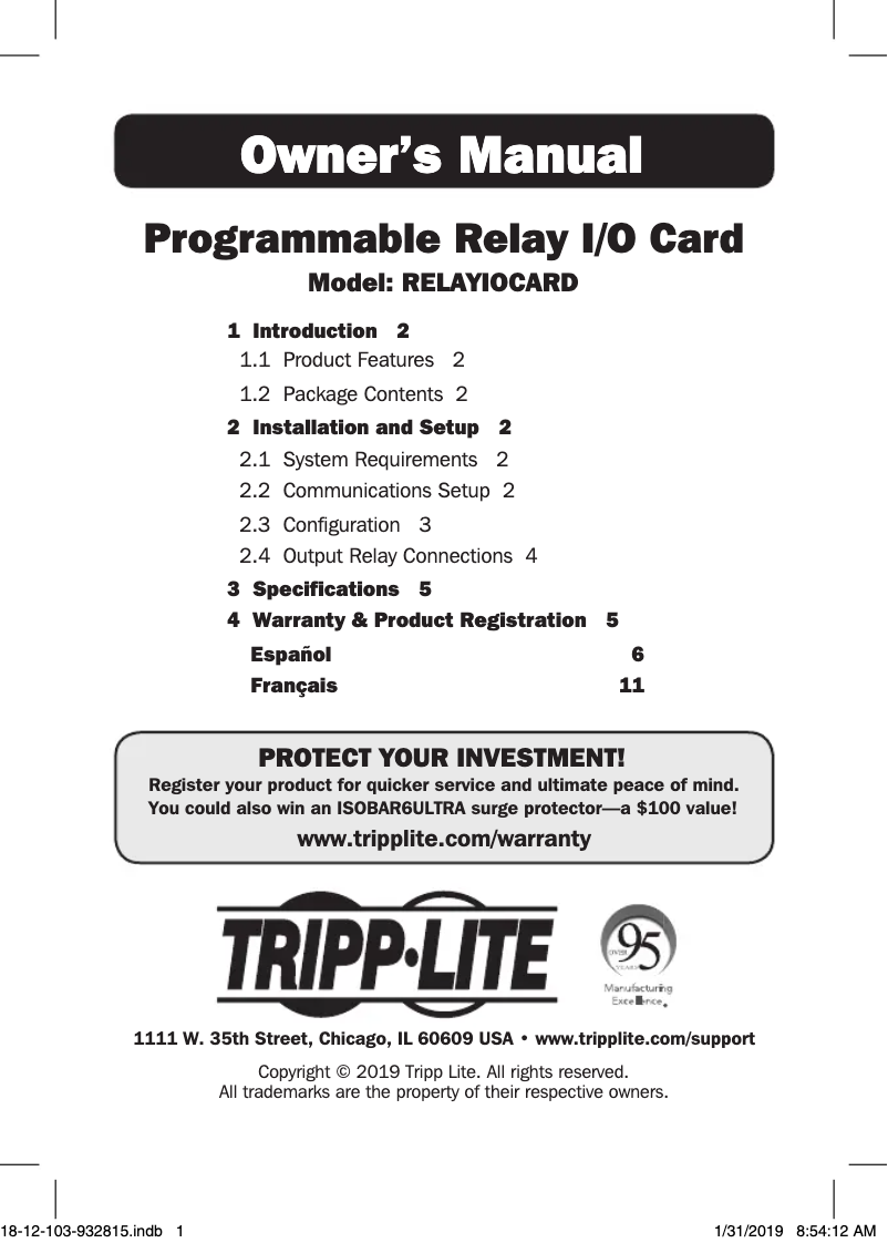 Imagen de la primera página del manual del dispositivo RELAYIOCARD