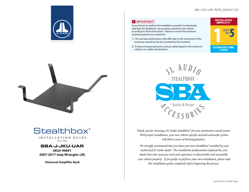 Imagen de la primera página del manual del dispositivo Stealthbox SBA-J-JLU-UAR