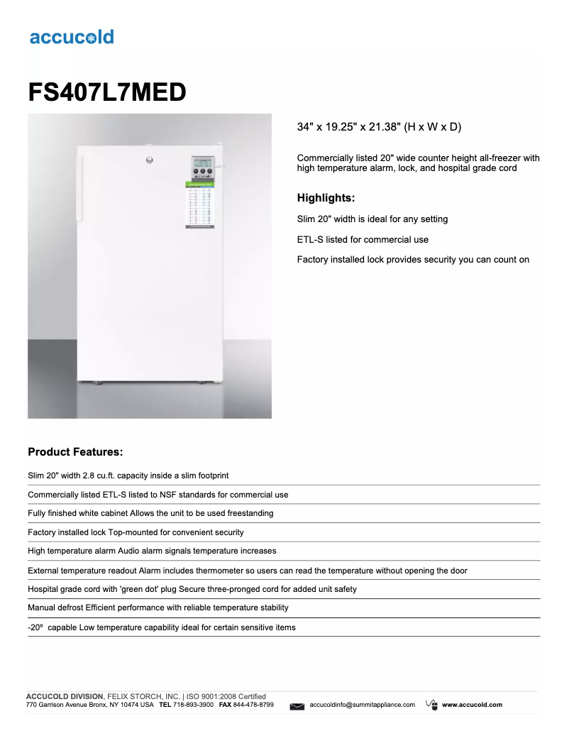 Imagen de la primera página del manual del dispositivo Accucold FS407L7MED