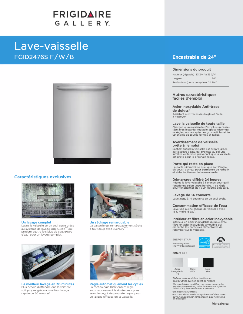 Página 1 del manual Ficha técnica Frigidaire FGID2476SF