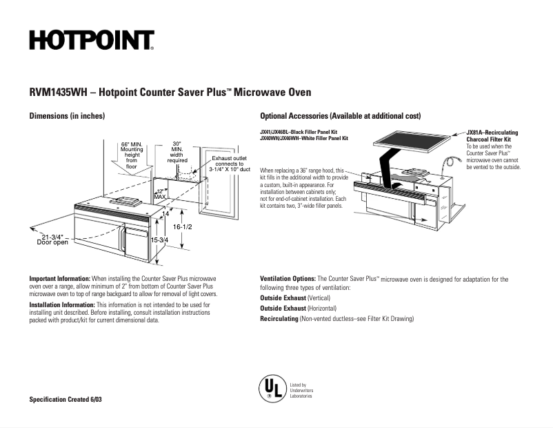 Página 1 del manual Ficha técnica Hotpoint CounterSaver Plus RVM1435WH