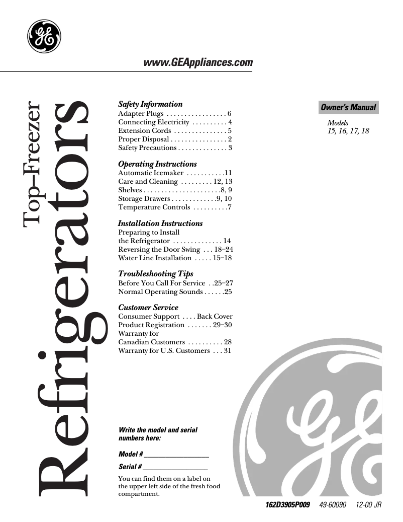 Página 1 del manual Manual de uso y mantenimiento GE TBX18JIBBB