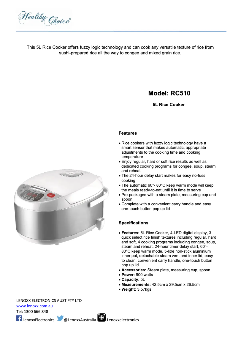 Página 1 del manual Ficha técnica Healthy Choice RC510