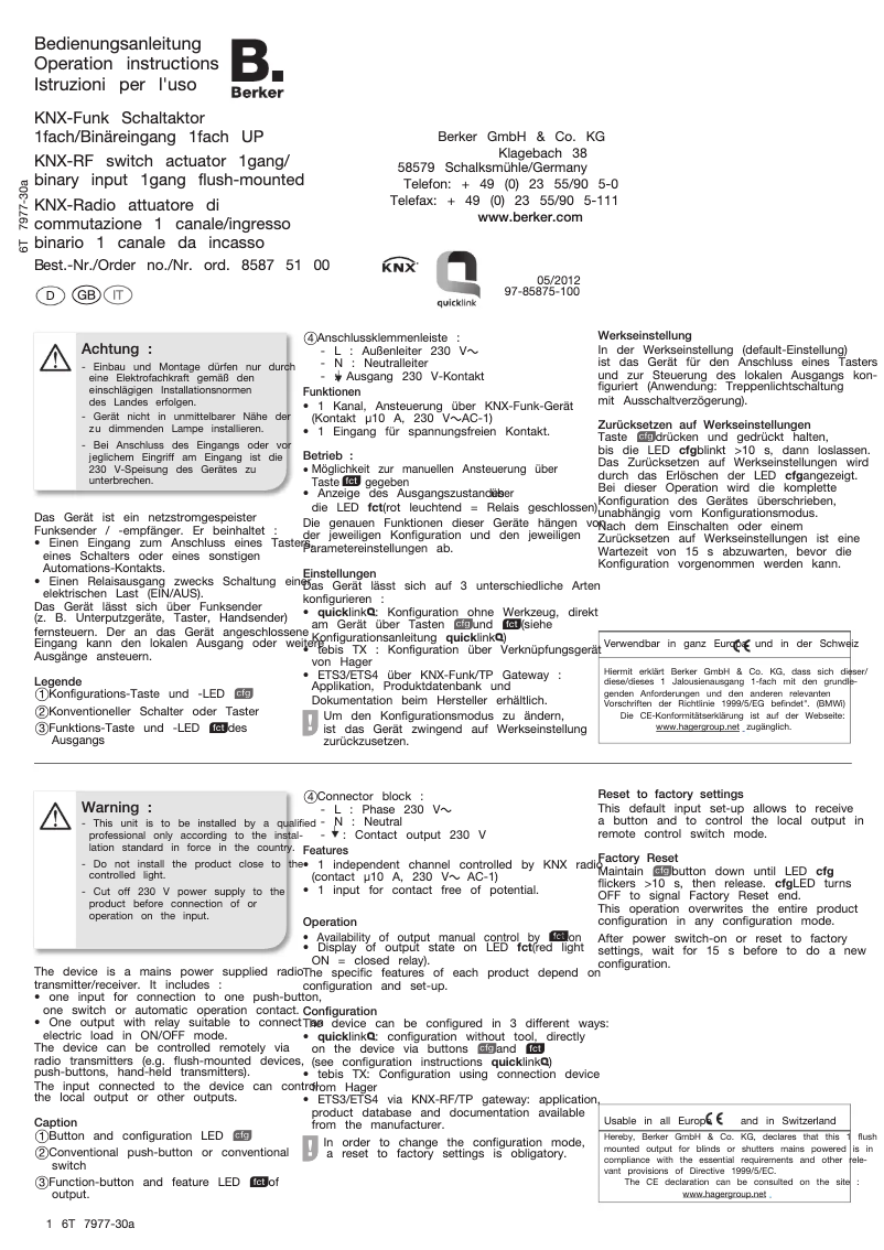 Página 1 del manual Manual de usuario Berker 85875100