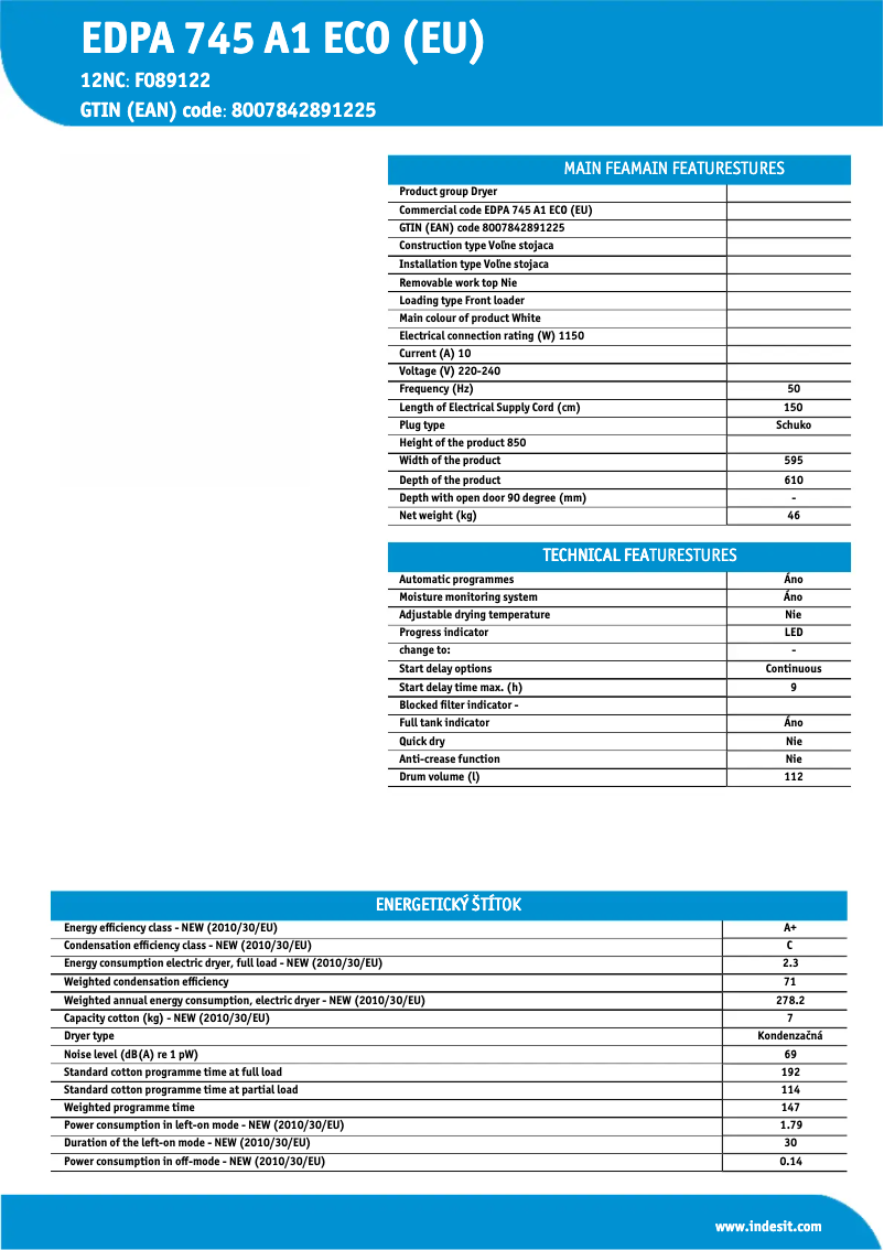 Página 1 del manual Ficha técnica Indesit EDPA 745 A1 ECO (EU)