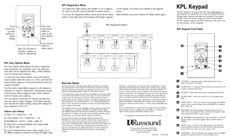 Imagen de la primera página del manual del dispositivo KPL Keypad