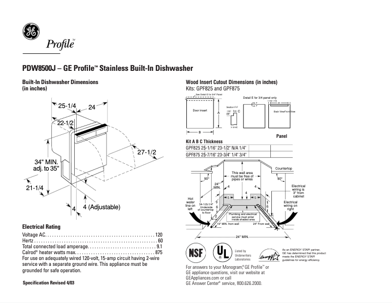 Página 1 del manual Ficha técnica GE Profile PDW8500JBB