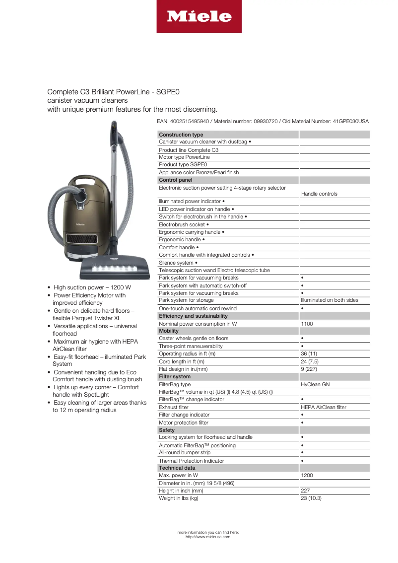 Página 1 del manual Ficha técnica Miele Complete C3 Brilliant