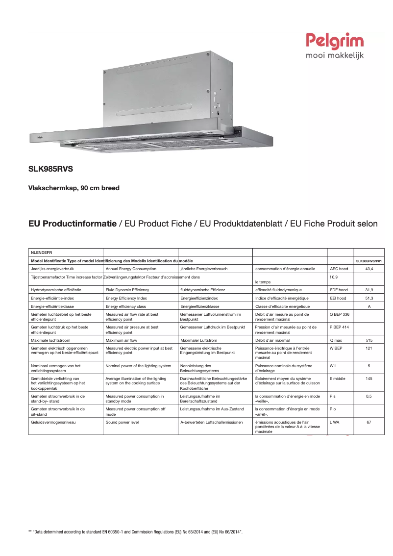 Página 1 del manual Ficha técnica Pelgrim SLK985RVS