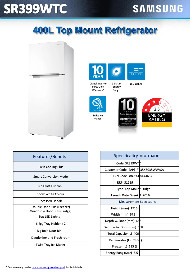 Imagen de la primera página del manual del dispositivo SR399WTC