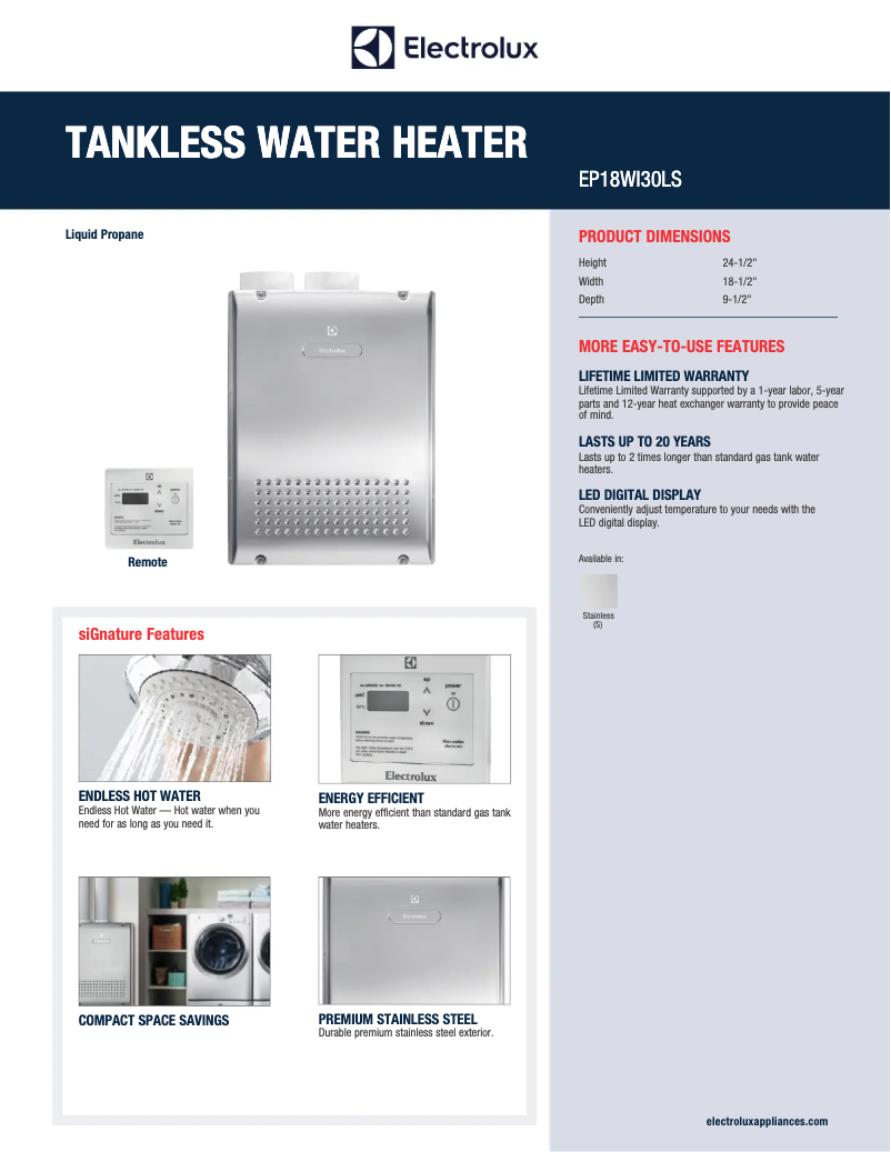 Página 1 del manual Ficha técnica Electrolux EP18WI30LS