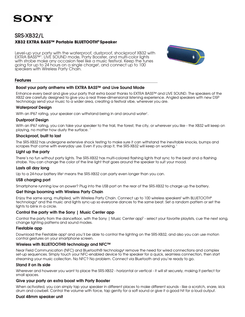 Imagen de la primera página del manual del dispositivo SRS-XB01