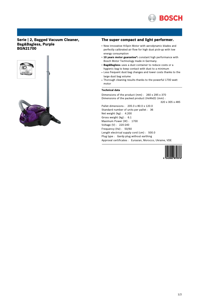 Página 1 del manual Ficha técnica Bosch BGN21700