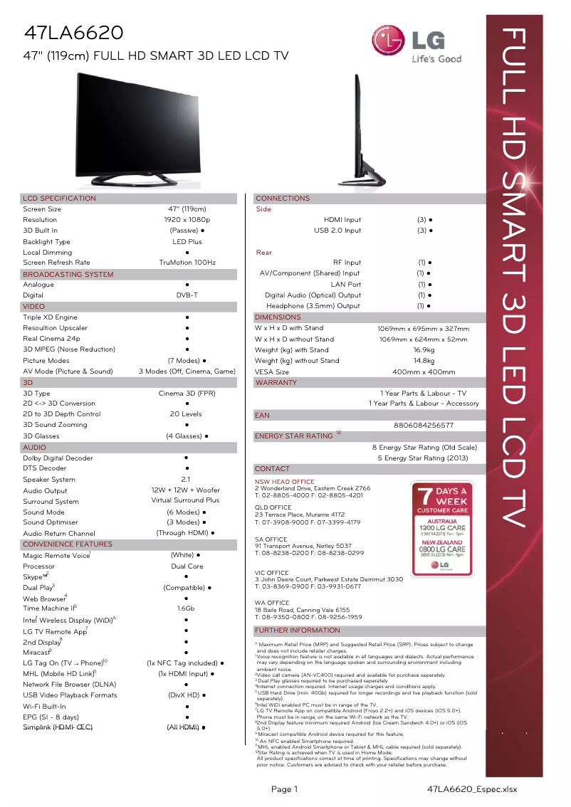 Página 1 del manual Ficha técnica LG 47LA6620