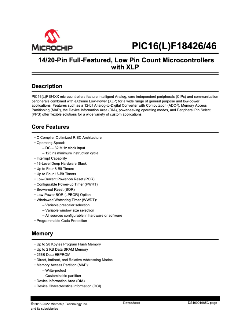 Imagen de la primera página del manual del dispositivo PIC16F18446