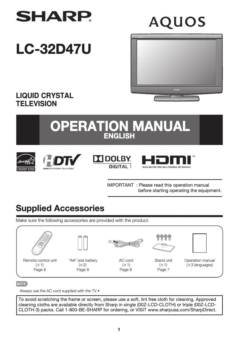 Imagen de la primera página del manual del dispositivo Aquos LC-32D47U